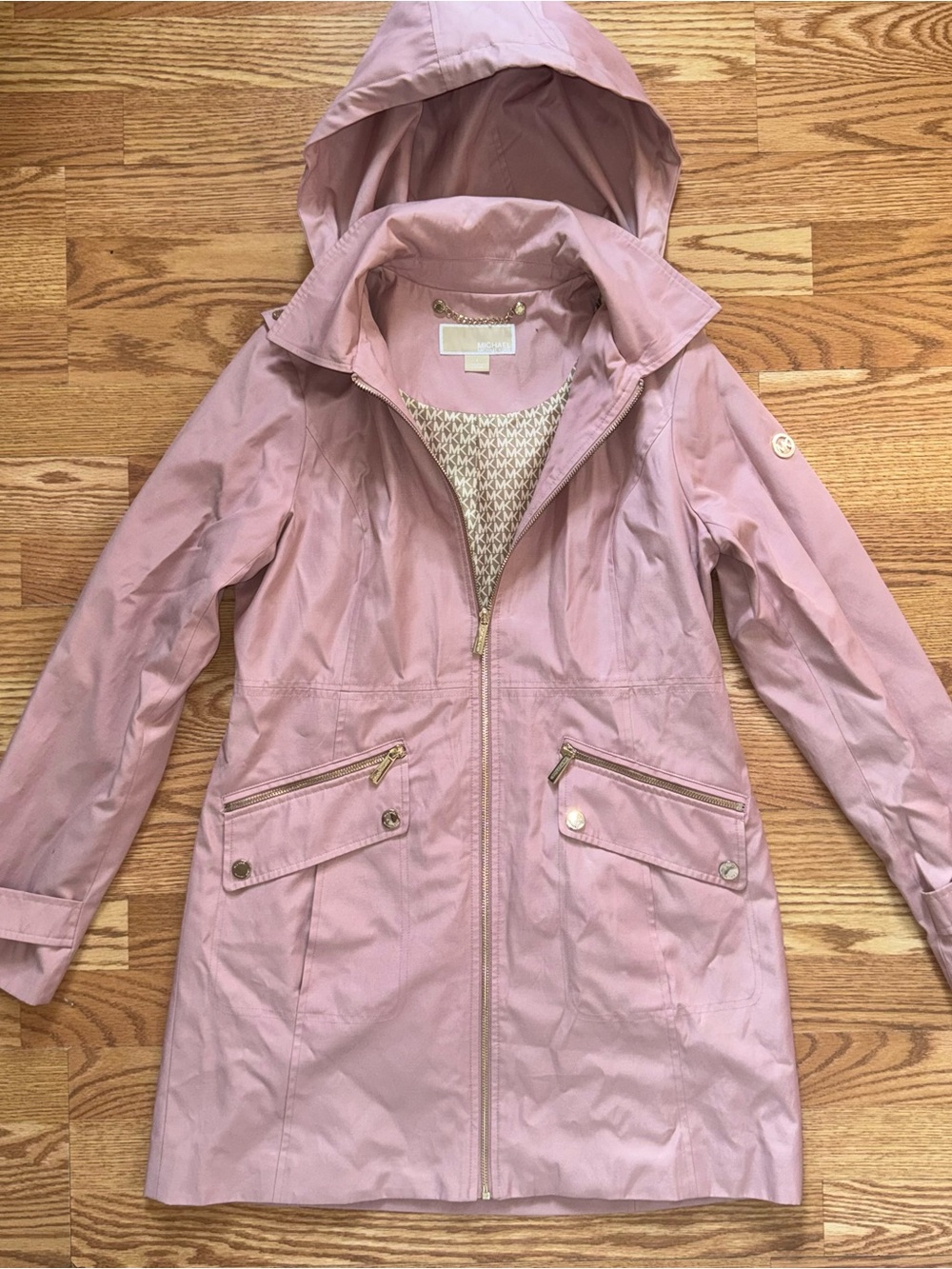 Michael Michael Kors Pink Hooded Trench Rain Jacket Coat Size S